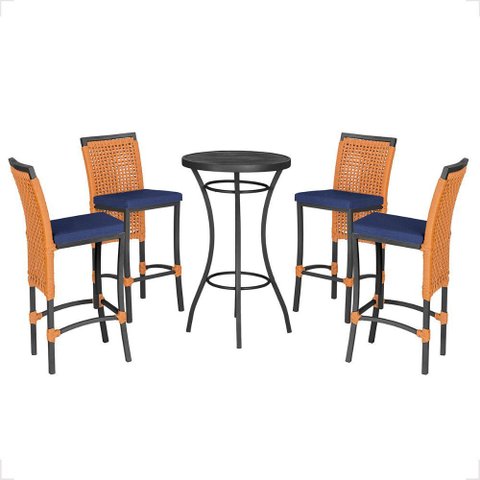 Mesa Bistro e 4 Banquetas Roma Preta Corda Náutica 10 Trama Original