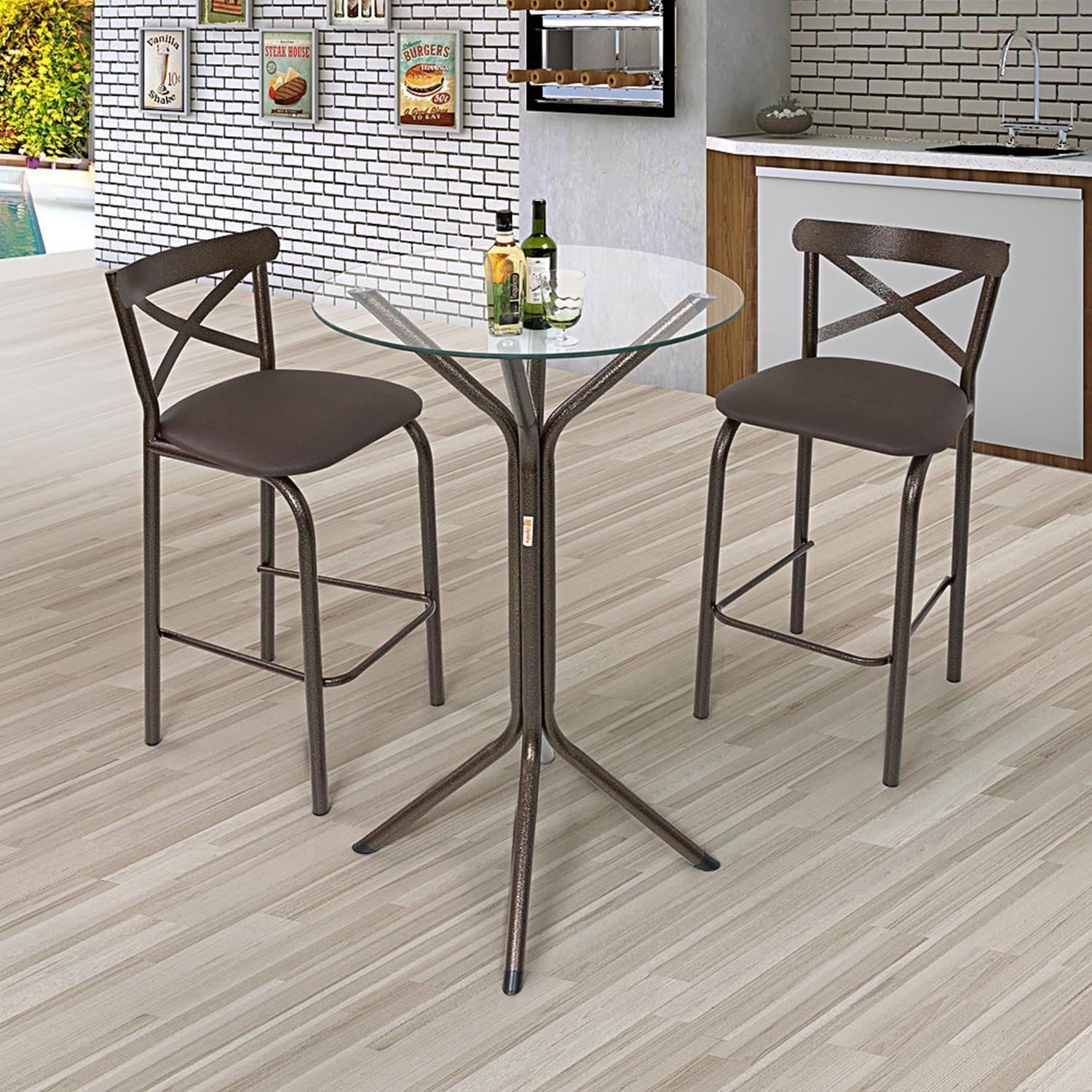 Conjunto Bistro Paris Tampo Vidro 0,65m Redondo com 2 Banquetas Tubo - 2