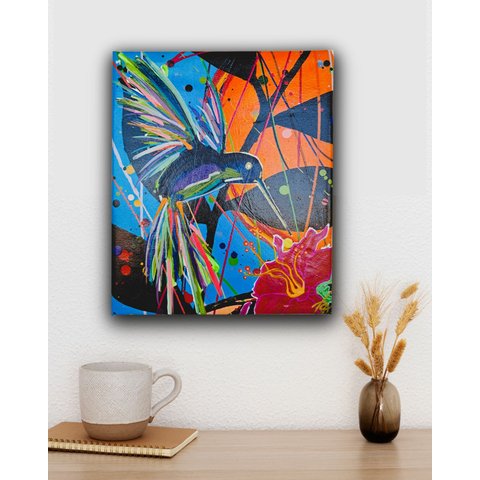 Quadro Figurativo Decorativo em Acrílico Pintado a Mão de Beija-Flor Estilizado Colorido