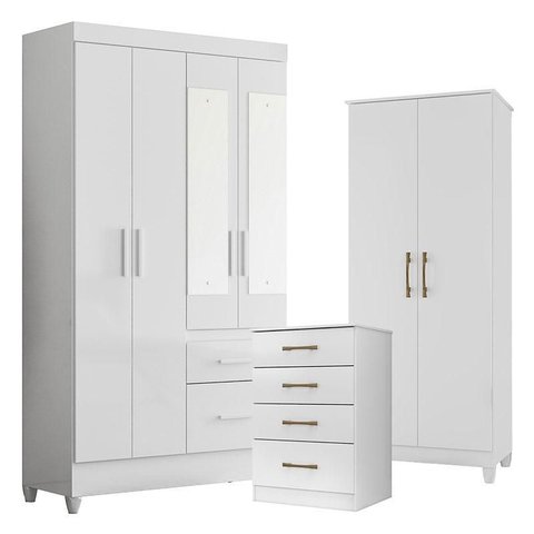 Guarda Roupa com Espelho Infantil Sobral com Cômoda Ms913 e Armário Multiuso Jade Branco Brilho