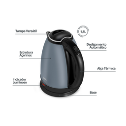 Chaleira Elétrica Inox Lunar 1,8 Litros Elgin Garrafa sem Fio 127v Cinza - 6