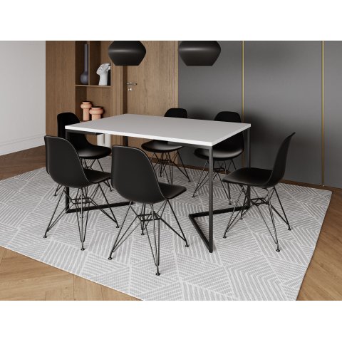 Mesa Industrial Base Ferro Preto em V Tampo 137x90 Branco 4 Cadeiras Assento Preto Ferro Branco