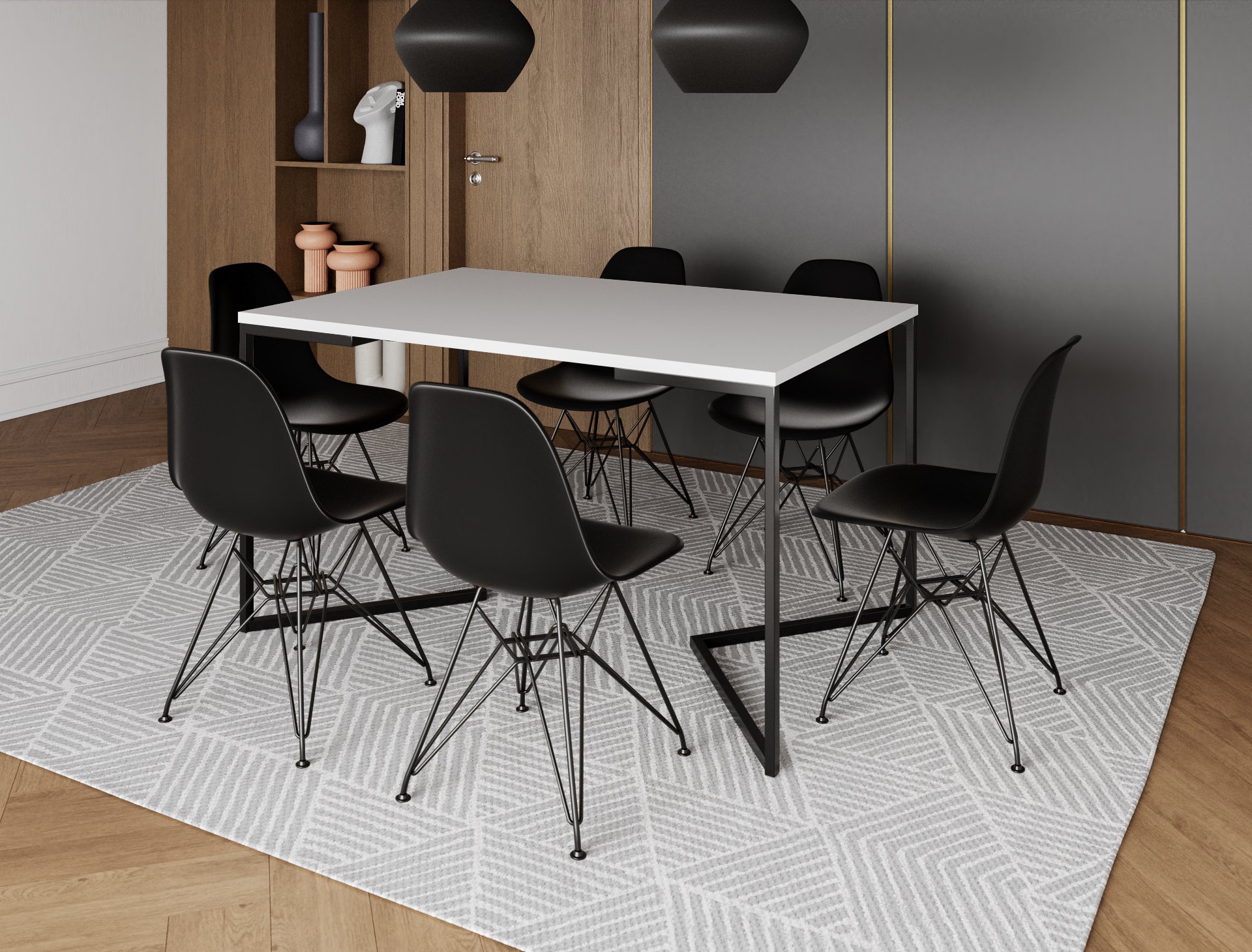 Mesa Industrial Base Ferro Preto em V Tampo 137x90 Branco 4 Cadeiras Eames Assento Preto Ferro Branc - 1