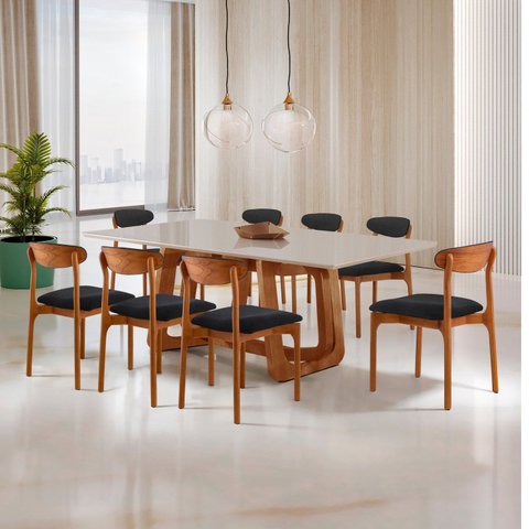 Conjunto de Mesa de Jantar Retangular em Madeira Maciça com Vidro e 8 Cadeiras Genova Monaco Yescasa
