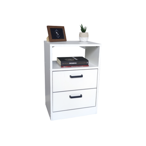 Mesa de Cabeceira Branca 40cm 2 Gavetas Mdf Quarto Gaveteiro Puxador Cinza-sem Rodinhas (montado)
