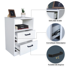 Mesa de Cabeceira Branca 40cm 2 Gavetas Mdf Quarto Gaveteiro Puxador Cinza-sem Rodinhas (montado) - 3