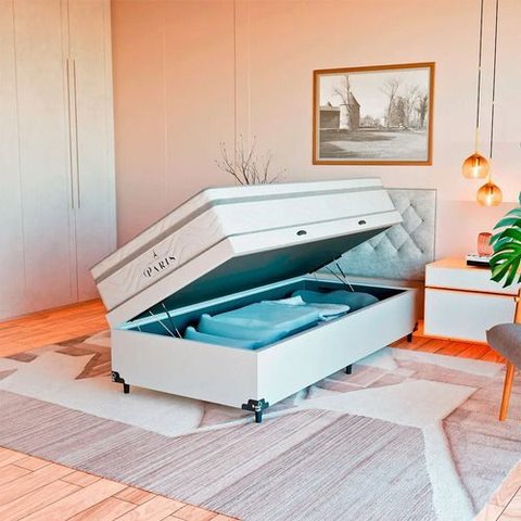 Cama Box Baú Solteiro + Colchão Paris Molas Ensacadas Branco Couro Branco/branco