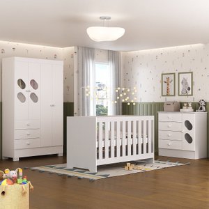 Quarto de Bebê Completo Guarda Roupa 4 Portas 3 Gavetas com Cômoda e Berço Hera Branco