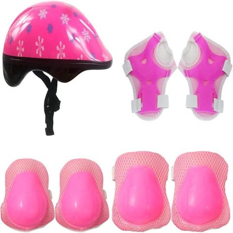 Kit Capacete Proteção Infantil Cotoveleira Munhequeira 7 Peças Menina Rosa