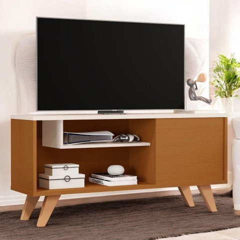 Rack para TV Bancada Heitor 60 Polegadas 100cm MDP Nature Off White Sal Movelaria