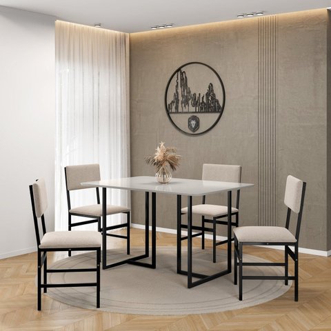 Conjunto para Sala de Jantar 118x80 Tampo MDF com 4 Cadeiras Belle Off White/Preto/Bege