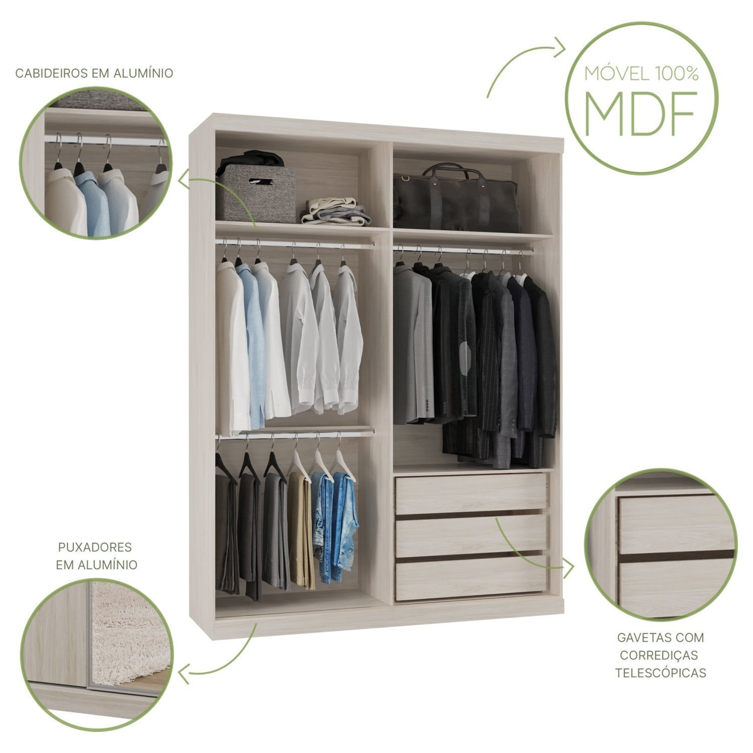 Guarda Roupas Modulado Solteiro com Espelho 176cm 2 Portas de Correr 100% Mdf Royal - 7