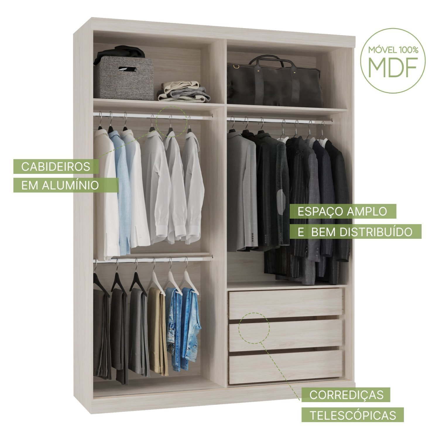 Guarda Roupas Modulado Solteiro com Espelho 176cm 2 Portas de Correr 100% Mdf Royal - 6