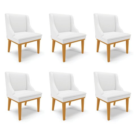 Kit 6 Cadeiras Decorativas Sala de Jantar Base Fixa de Madeira Firenze PU Branco Fosco/Castanho G19 