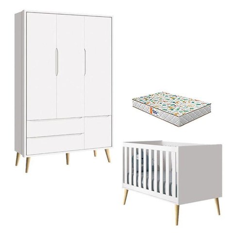 Berço Americano e Guarda Roupa 3 Portas Theo Branco Pés Madeira Natural com Colchão Gazin ?