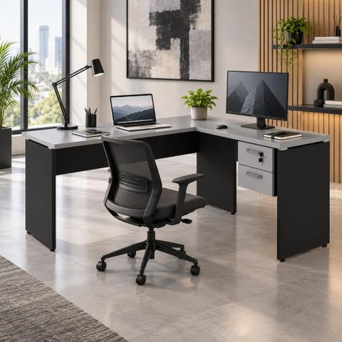 Mesa Escrivaninha 30mm 150cm em L com Gaveteiro Pés Painel F5 Office Cor:Cinza Sagrado com Preto