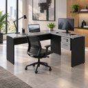 Ver imagem 1 de Mesa Escrivaninha 30mm 150cm em L com Gaveteiro Pés Painel F5 Office Cor:Cinza Sagrado com Preto
