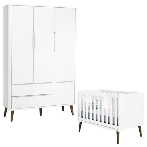 Berço Americano e Guarda Roupa 3 Portas Infantil Theo Branco Acetinado com Pés Amadeirado –