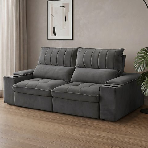 Sofá Retrátil 3 Lugares com Porta Copo 210cm Andes F05 Veludo Grafite - Mpozenato