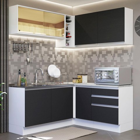 Armário de Cozinha Completa de Canto 329cm Branco Preto Glamy Madesa 02