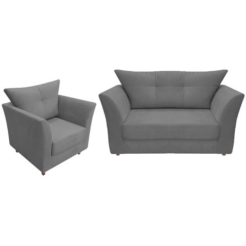 Kit Namoradeira + 1 Poltrona Decorativa Isis Suede Cinza Pés Madeira Mz Decor