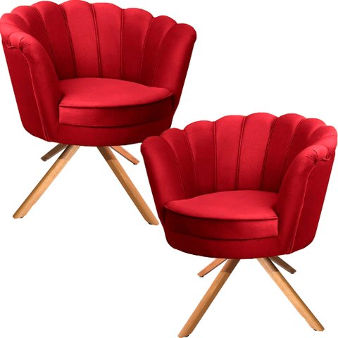 Kit Duas Poltronas Pétalas Giratórias Ferro e Madeira Vermelho