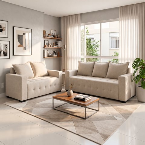 Conjunto Sofá Belo 3 e 2 Lugares Linho - Bege