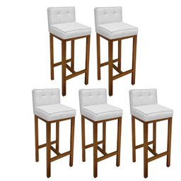 Kit 05 Banquetas Alta Íris Corano Branco Com Encosto Para Balcão Bistrô e Base Castanho -Bebê - 1