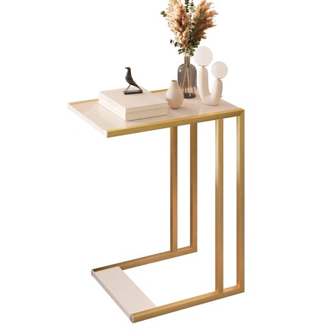 Mesa Lateral de Apoio Industrial Compacta Sofá- Off White Dourado