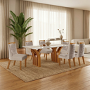 Ver imagem 1 de Sala de Jantar 6 Cadeiras Estofadas Atena e Mesa Retangular em MDF com Tampo de Vidro Miami Castanho/Cinamomo/Bege Pena/Off White