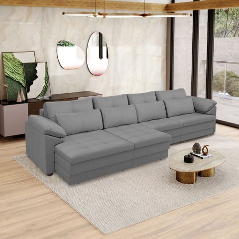 Sofá Retrátil Manual Sala de Estar Nolan Bipartido 414cm Conforto Premium em Couro Cinza G58 - Gran 