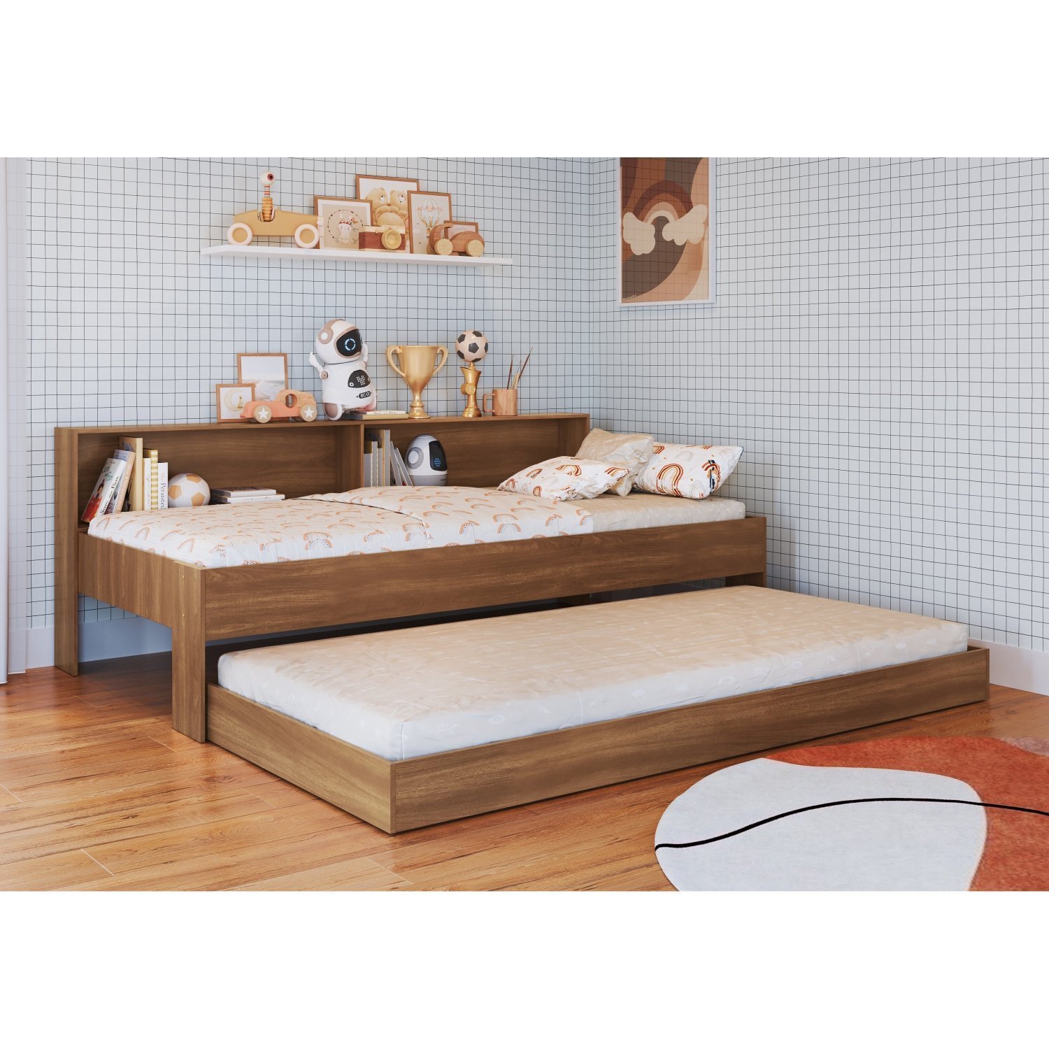 Cama Infantil Solteiro com Estante e Cama Auxiliar San Diego - 1