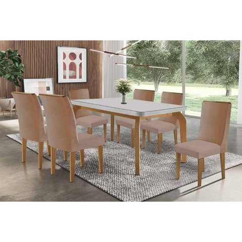 Conjunto: Mesa Sala Jantar Londrina C/ Tampo Madeirado C/ Vidro Canto Curvo 180x90cm e 6 Cadeiras