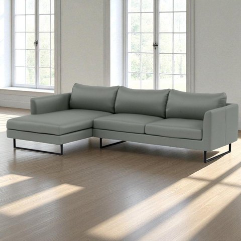 Sofá 4 Lugares com Chaise Lado Esquerdo e Revestimento em Couro Sintético Cinza Médio