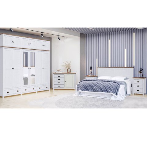 Conjunto Quarto Topázio Branco: Guarda-roupa 12 Portas, Cômoda, Cabeceira e 2 Mesas de Cabeceiras