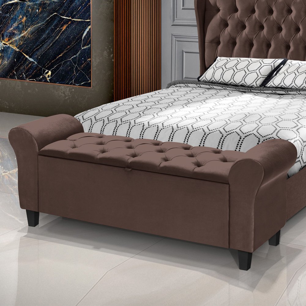 Recamier Baú Calçadeira para Cama Box Queen 150 Cm Dubai Suede Marrom - Lh Móveis