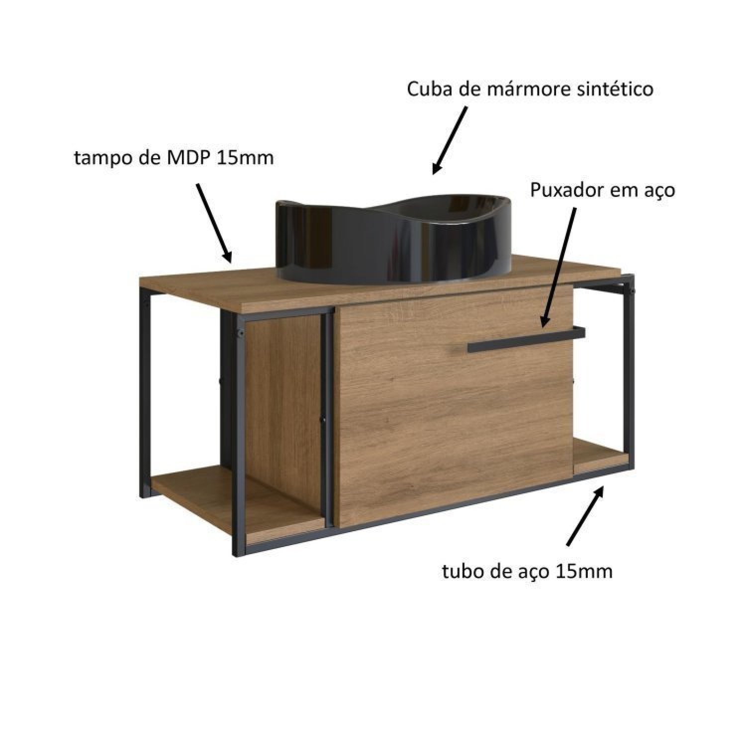 Gabinete Suspenso Para Banheiro 80Cm P1019 Mel Com Cuba Berlin Preta - 6