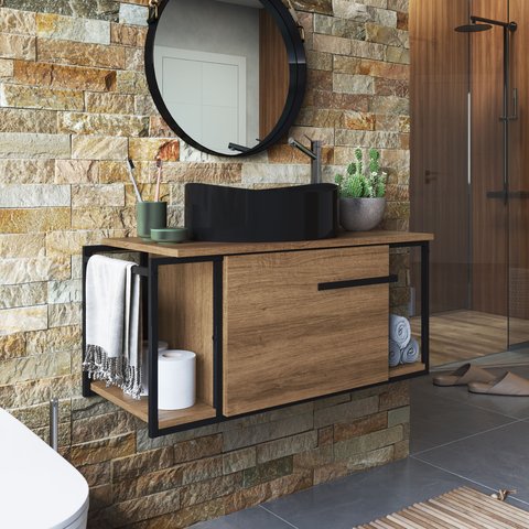 Gabinete Suspenso Para Banheiro 80Cm P1019 Mel Com Cuba Berlin Preta