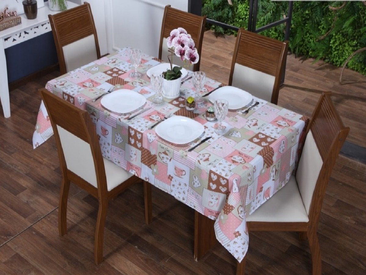 Toalha de Mesa 6 Cadeiras 2,20 X 1,40 Mesa Posta Cozinha Sala de Jantar Oxford Estampada:bule Rosa