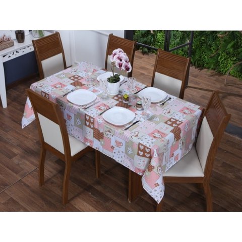 Toalha de Mesa 6 Cadeiras 2,20 X 1,40 Mesa Posta Cozinha Sala de Jantar Oxford Estampada:bule Rosa
