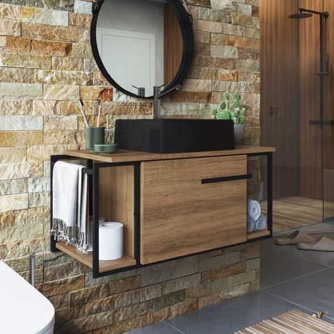 Gabinete Suspenso para Banheiro 80cm P1019 Mel com Cuba Ametista Preto Marrom