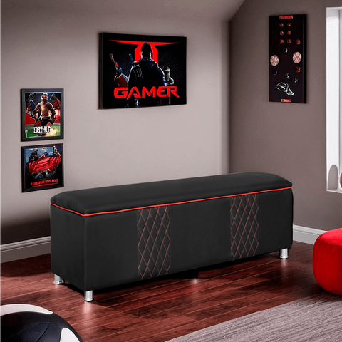 Baú Organizador Fighter para Quarto Gamer 140cm Corino:preto e Vermelho