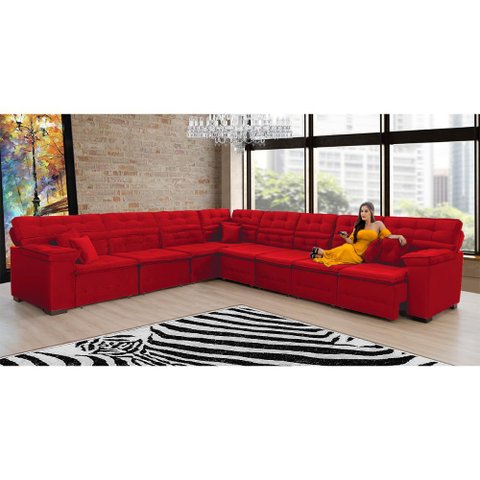 Sofá Magno 3.77x4.57m de Canto, Retrátil e Reclinável - Vermelho