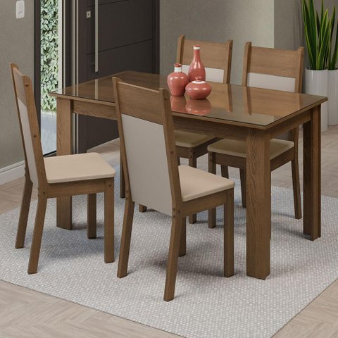 Conjunto Sala de Jantar Mesa Tampo de Vidro 4 Cadeiras Rustic/crema/bege Eloá Madesa
