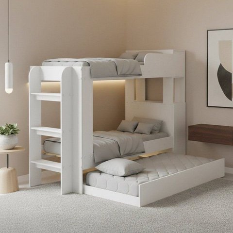 Treliche com Cama Auxiliar Adulto Junevil Baú Superior com Escadas Armário de 1 Porta Branco