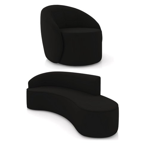 Sofá 4 Lugares Orgânico 220cm Morgan e Poltrona Lua Veludo Preto D03 - D’Rossi
