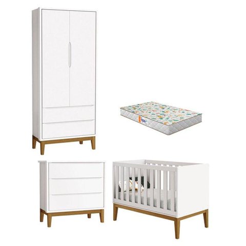 Quarto de Bebê 2 Portas e Cômoda Gaveteiro New Classic Branco com Pés Madeira e Colchão Gazin -