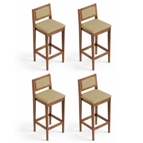 Kit 04 Banquetas Altas Lenna 99cm em Madeira e Encosto Estofado Linho Palha - Desk Design
