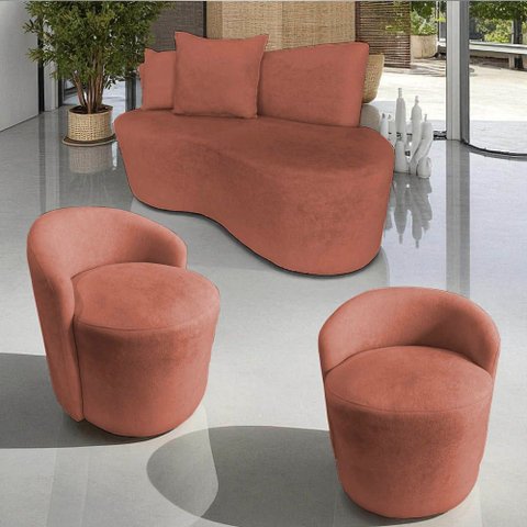 Kit Namoradeira + 2 Poltronas Yara Orgânica Bouclé Terracota