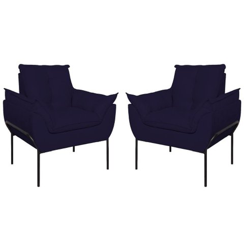 Kit 02 Poltronas Base Metal Preto Sala Quarto Balaqui Decor Azul Marinho